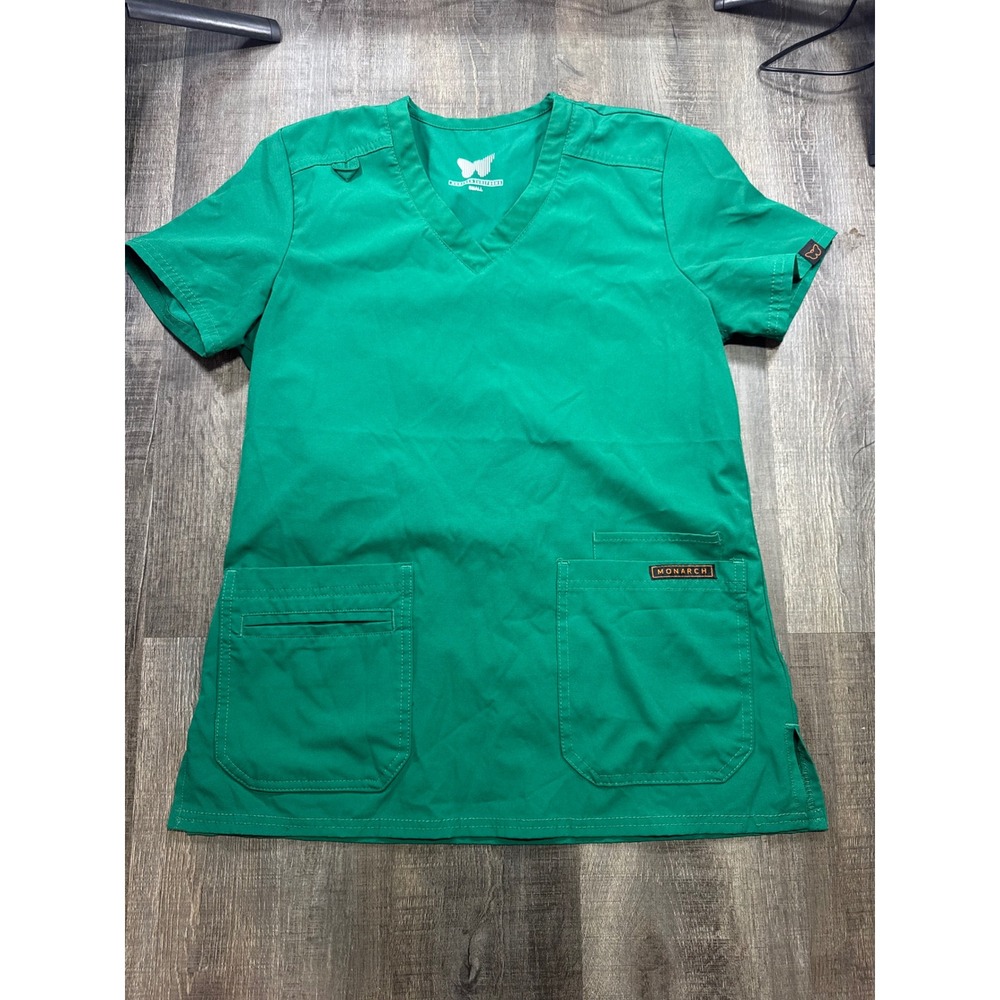 Monarch Uniforms Green V-Neck Scrub Top Womens Small Short Sleeve Pocket Medical